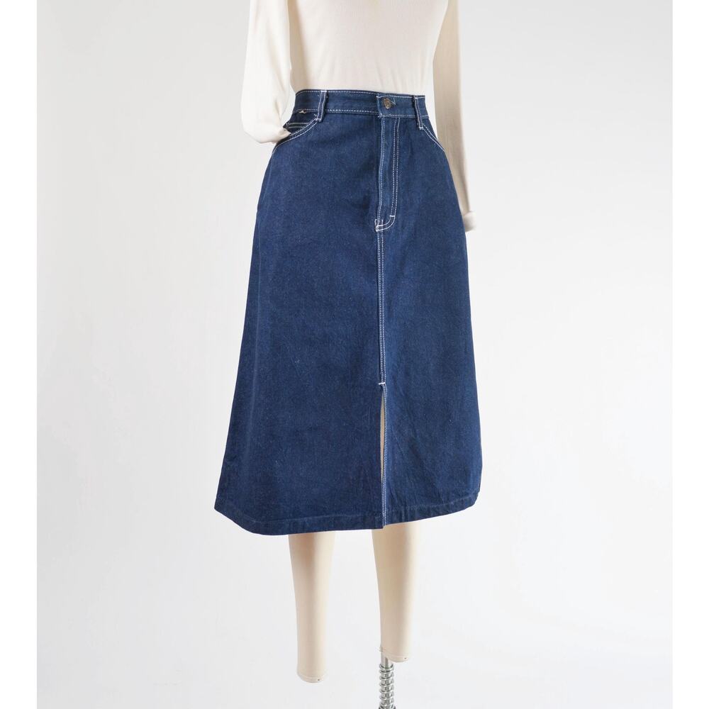 Vintage 80s Dark Wash Denim Pencil Skirt with Embroidered Pockets size M - Picture 3 of 6